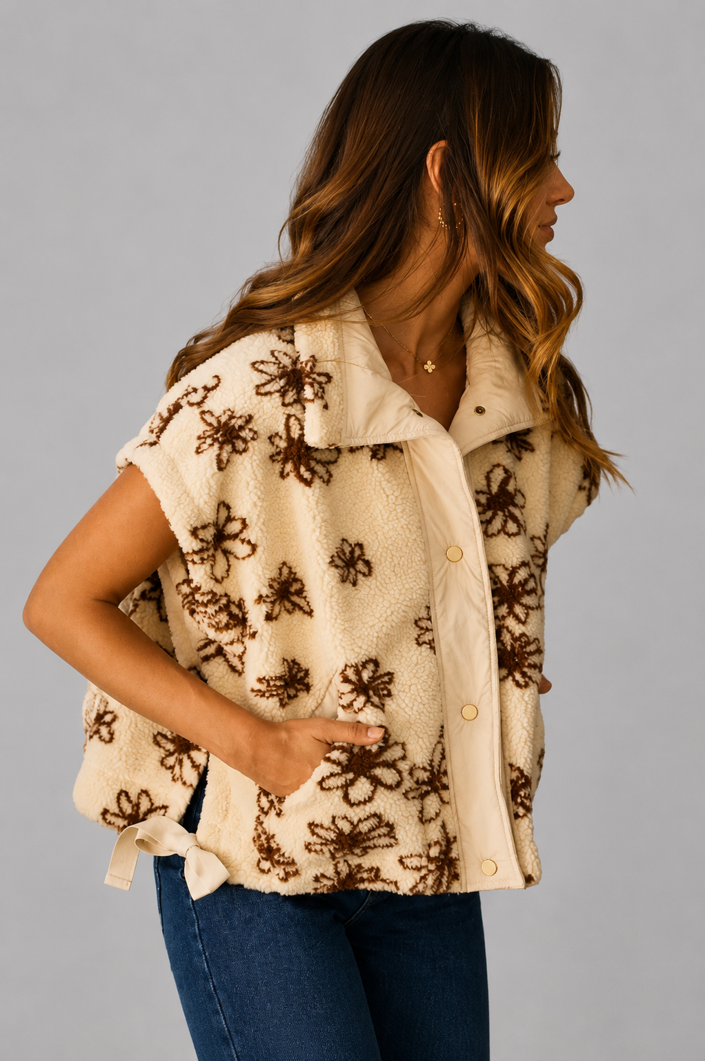 Malani Flower Sherpa Fur Sleeveless Vest