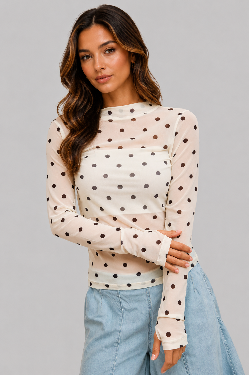 Mallory High Neck Polka Dots Mesh Top