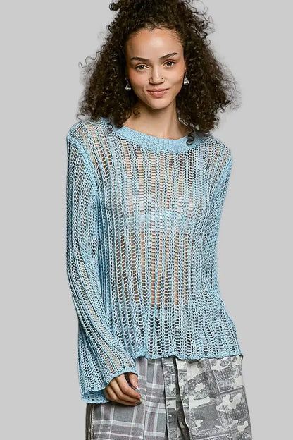 Margot Boho Open Knit Layering Top - Powder Blue