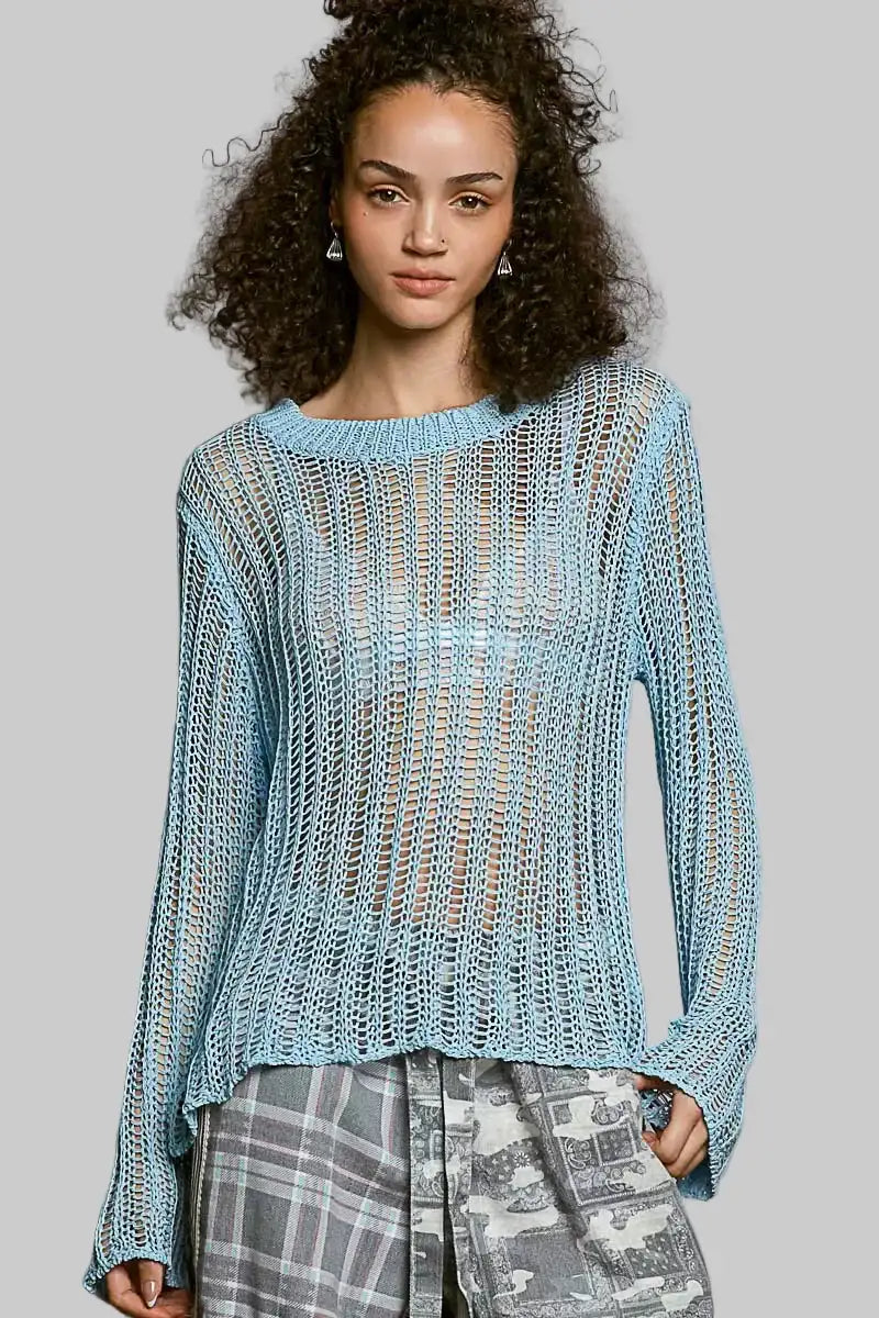 Margot Boho Open Knit Layering Top - Powder Blue