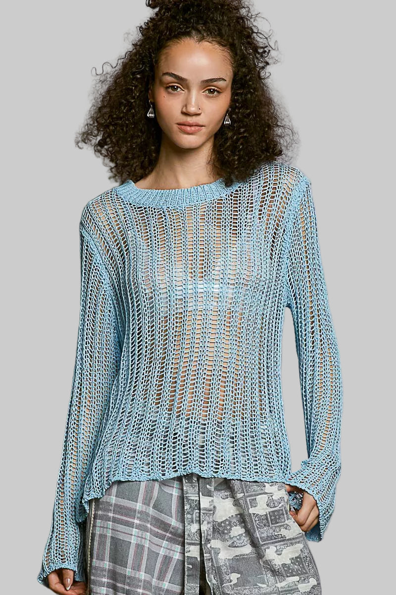 Margot Boho Open Knit Layering Top - Powder Blue