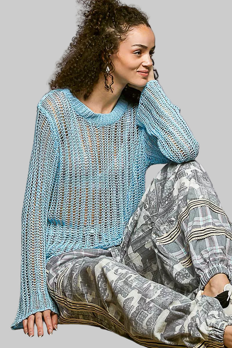 Margot Boho Open Knit Layering Top - Powder Blue
