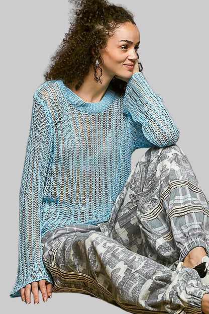 Margot Boho Open Knit Layering Top - Powder Blue