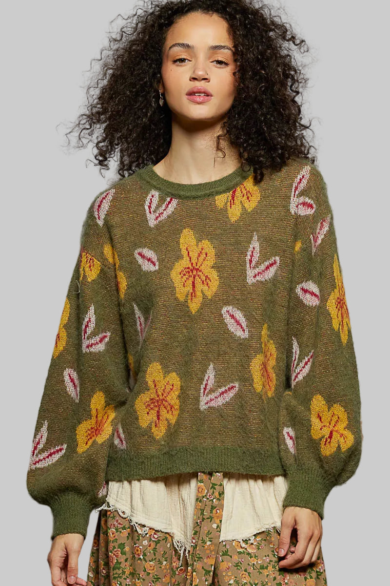 Mary Boho Floral Balloon Sleeve Sweater