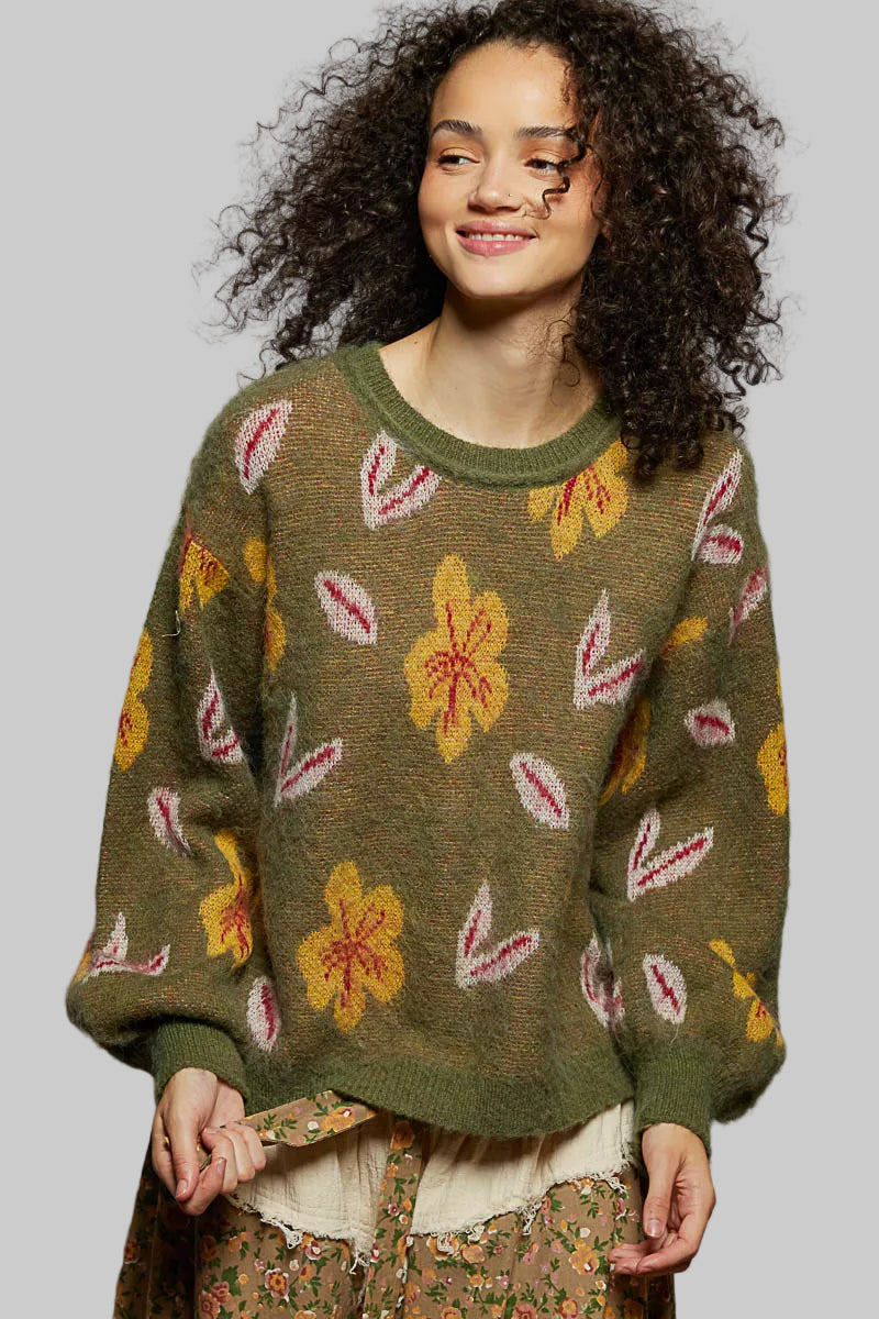 Mary Boho Floral Balloon Sleeve Sweater
