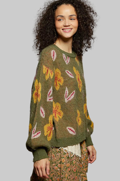 Mary Boho Floral Balloon Sleeve Sweater