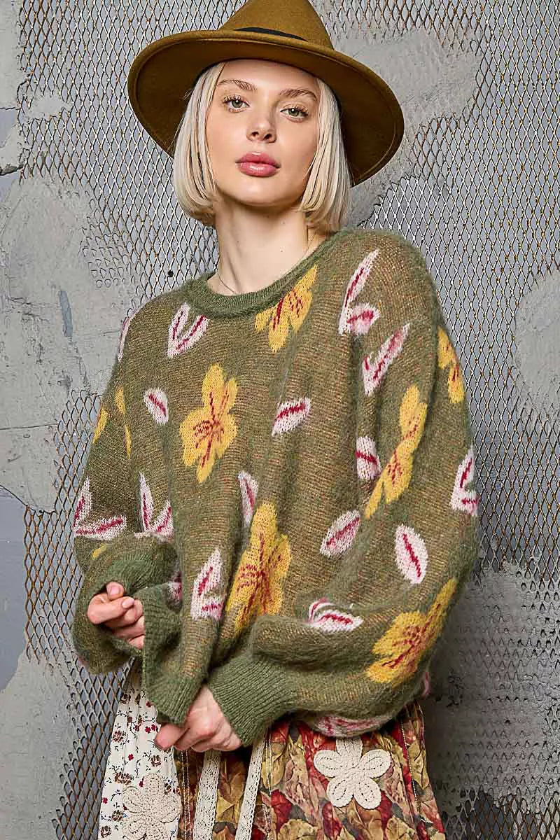 Mary Boho Floral Balloon Sleeve Sweater