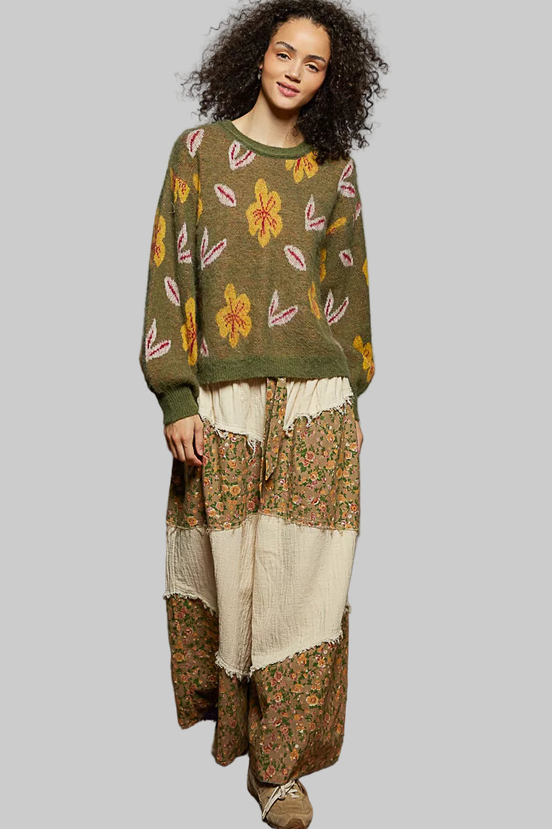 Mary Boho Floral Balloon Sleeve Sweater