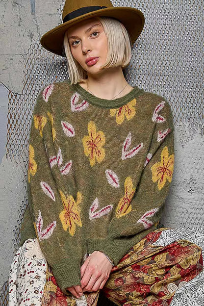 Mary Boho Floral Balloon Sleeve Sweater