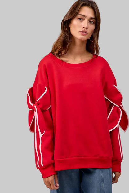 Maya Holiday Bow Sleeves Fleece Sweatshirt