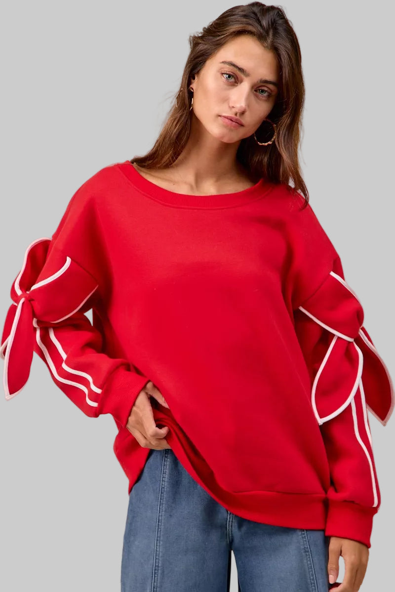 Maya Holiday Bow Sleeves Fleece Sweatshirt