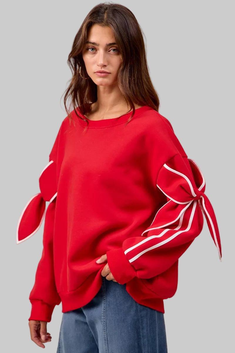 Maya Holiday Bow Sleeves Fleece Sweatshirt