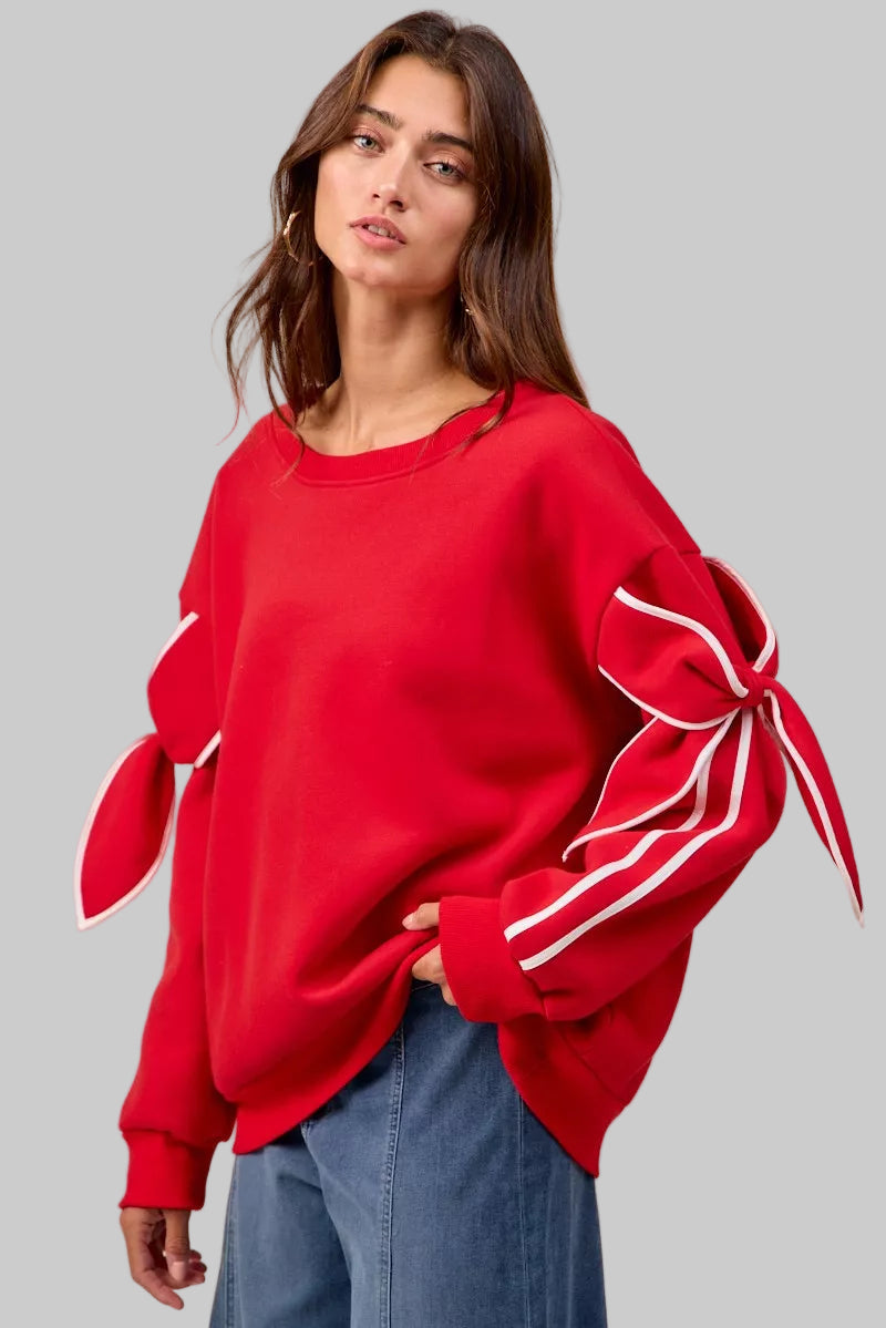Maya Holiday Bow Sleeves Fleece Sweatshirt