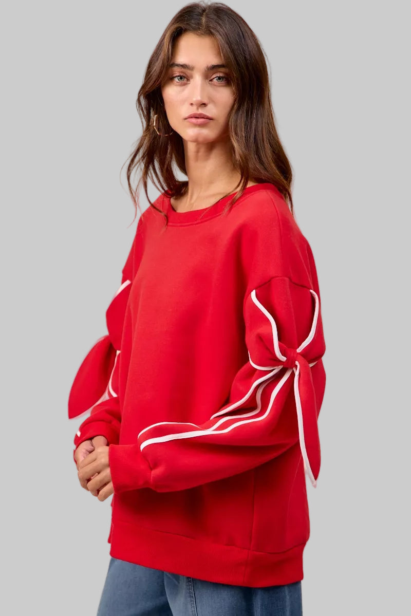 Maya Holiday Bow Sleeves Fleece Sweatshirt