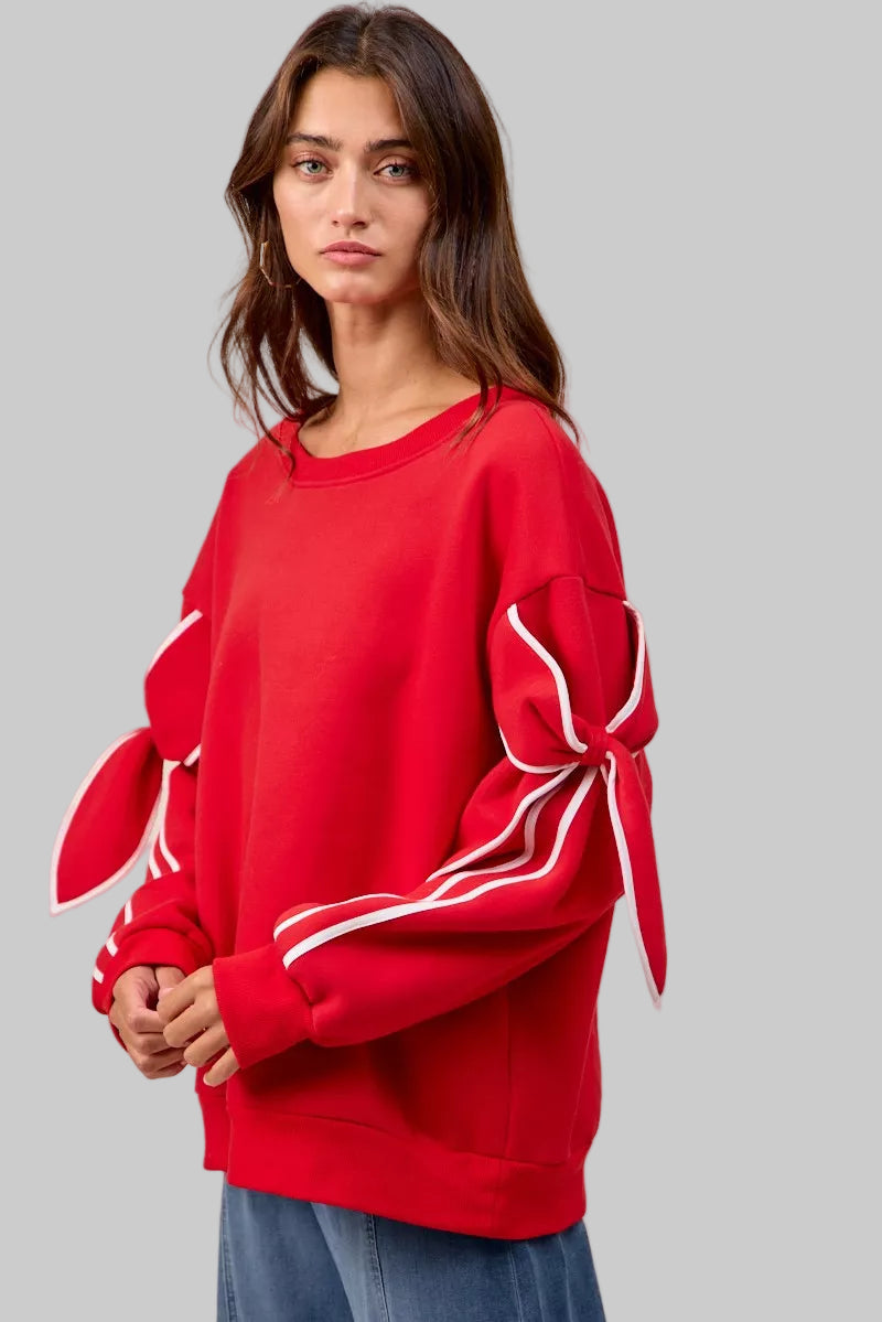 Maya Holiday Bow Sleeves Fleece Sweatshirt