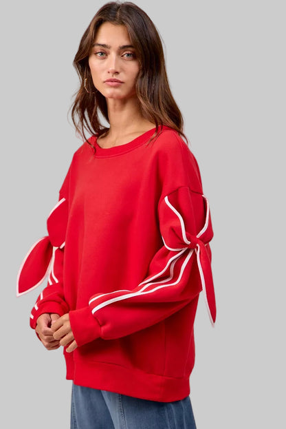 Maya Holiday Bow Sleeves Fleece Sweatshirt