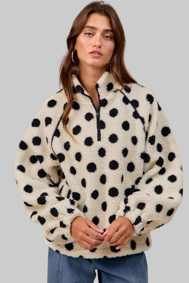 Megan Polka Dot Sherpa Half Zip Up Top
