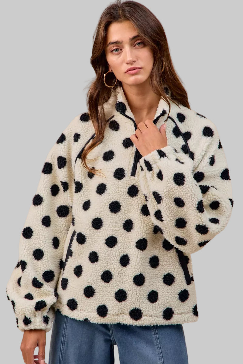 Megan Polka Dot Sherpa Half Zip Up Top