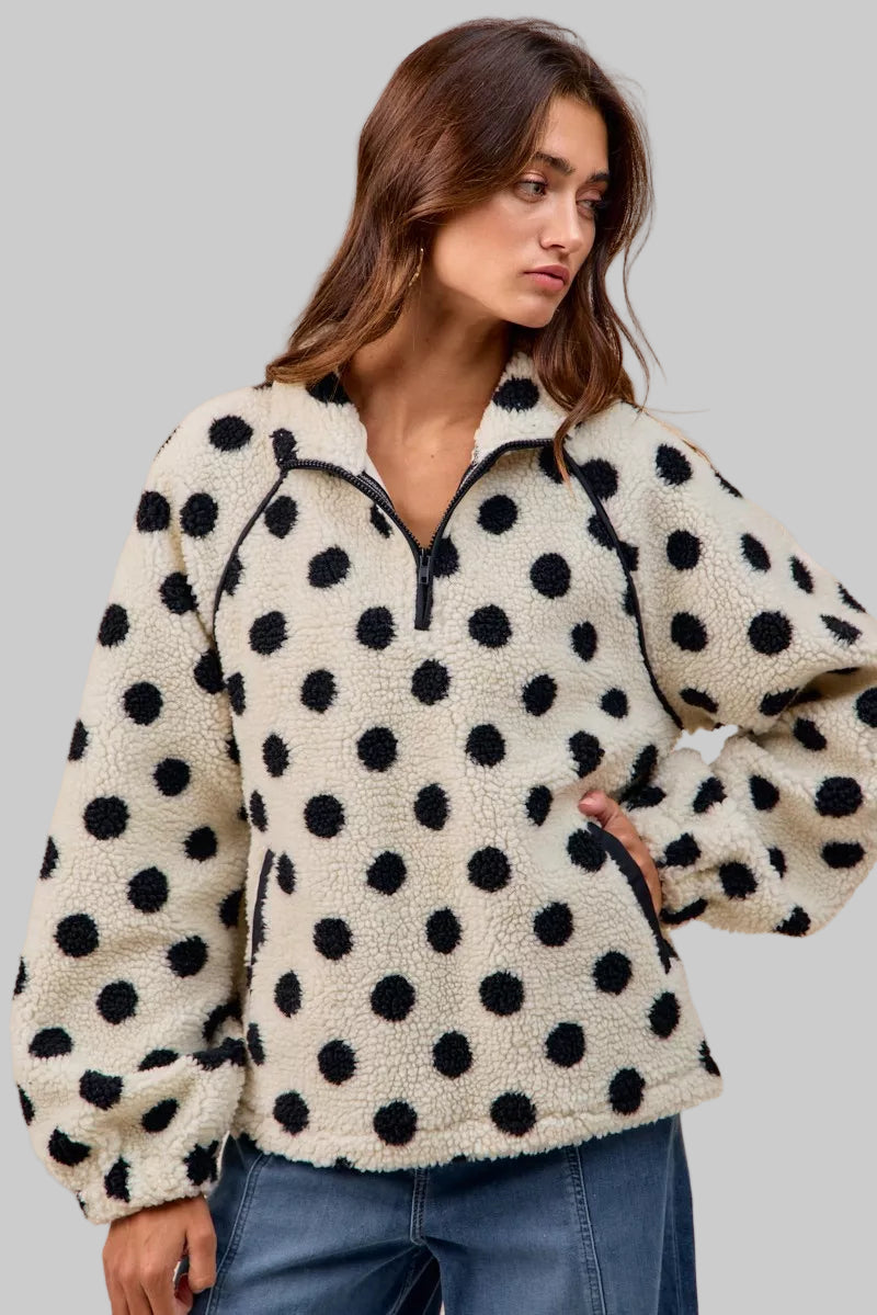 Megan Polka Dot Sherpa Half Zip Up Top