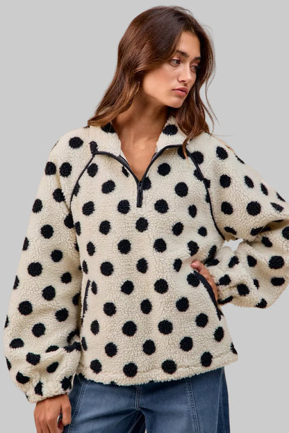 Megan Polka Dot Sherpa Half Zip Up Top
