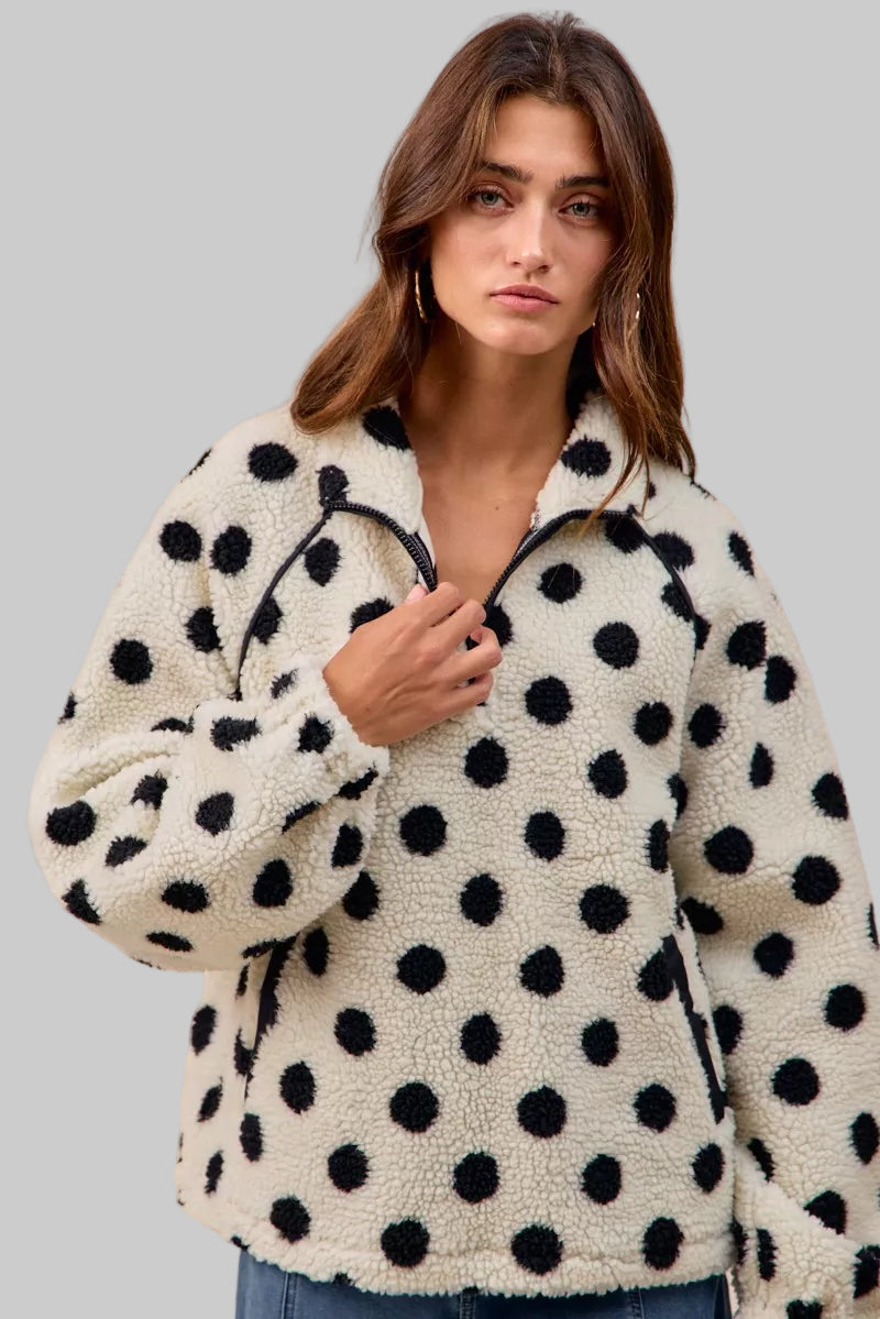 Megan Polka Dot Sherpa Half Zip Up Top