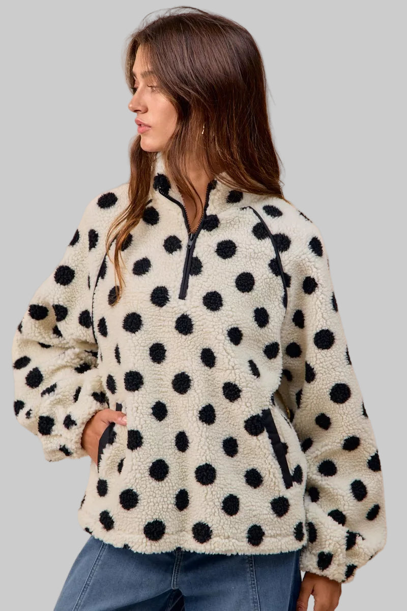 Megan Polka Dot Sherpa Half Zip Up Top