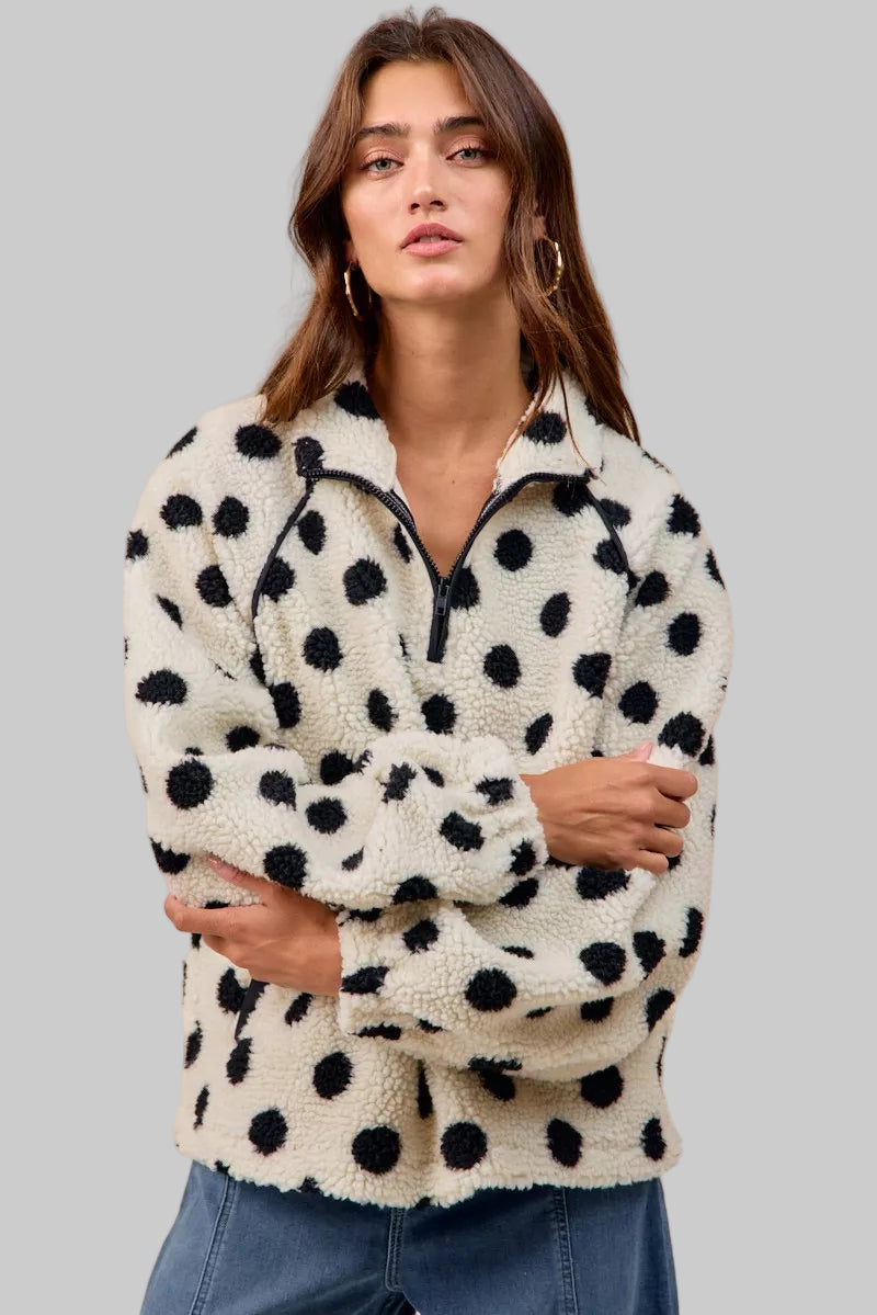 Megan Polka Dot Sherpa Half Zip Up Top