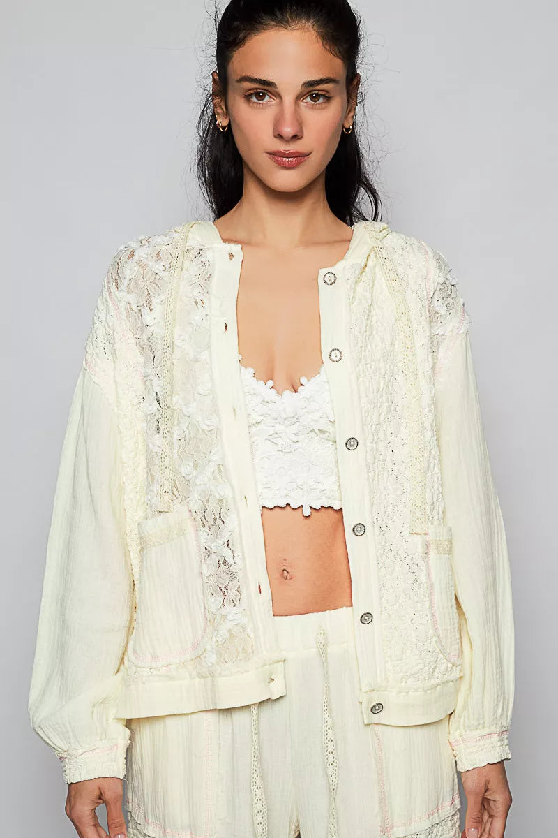 Melanie Boho Button Down Hooded Jacket with Lace Detail