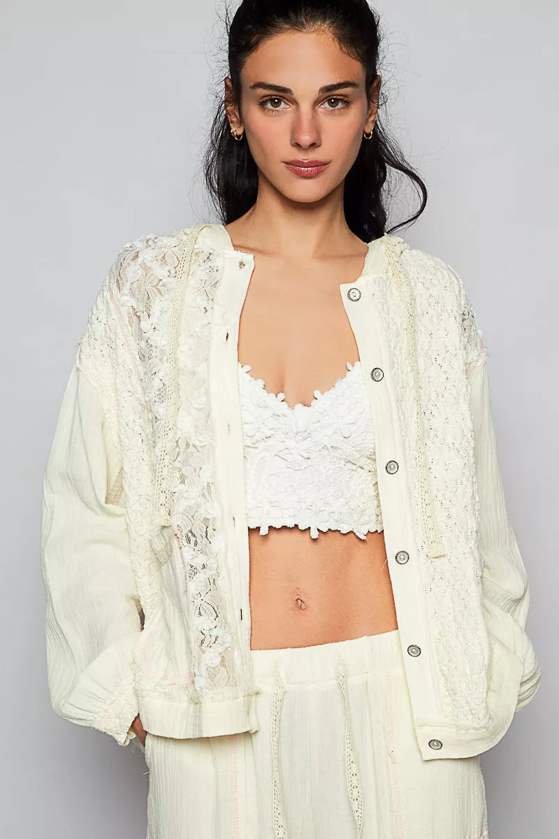 Melanie Boho Button Down Hooded Jacket with Lace Detail