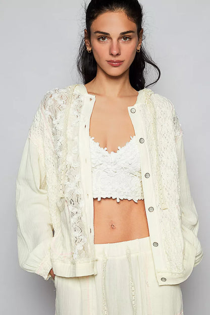 Melanie Boho Button Down Hooded Jacket with Lace Detail