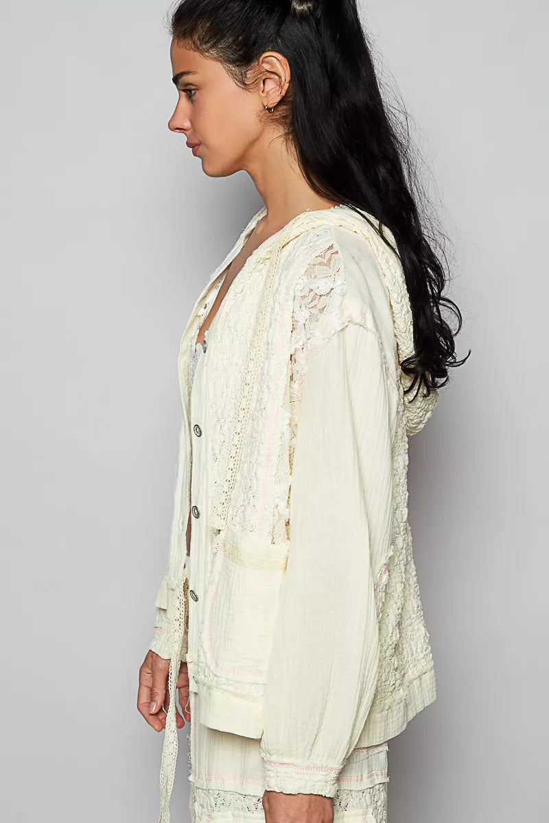 Melanie Boho Button Down Hooded Jacket with Lace Detailn