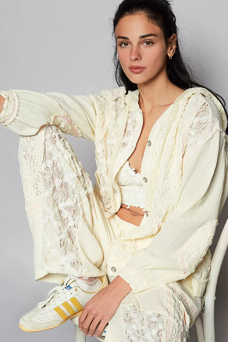 Melanie Boho Button Down Hooded Jacket with Lace Detail