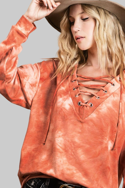 Melody Bohemian Lace-Up Tie-Dye Terry Top