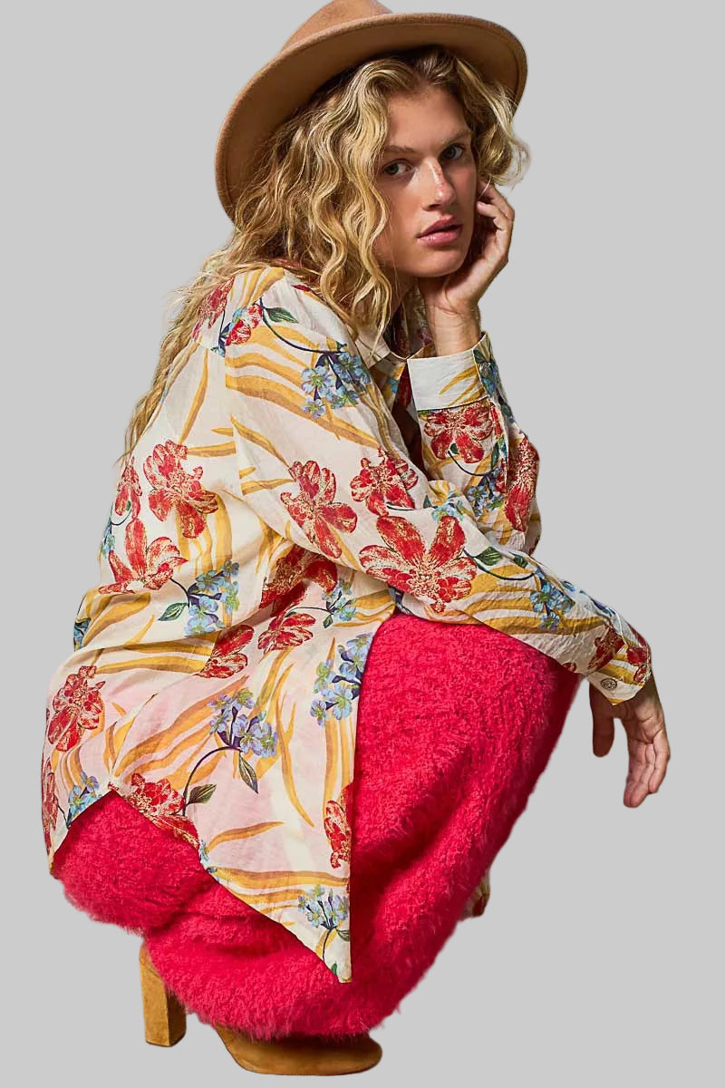 Boho Floral Print Button Down Long Sleeve Shirt