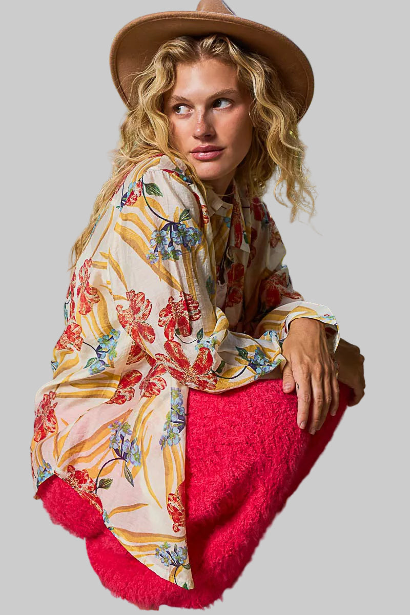 Boho Floral Print Button Down Long Sleeve Shirt