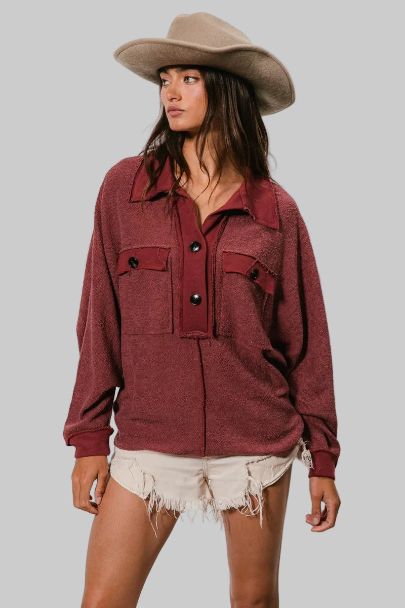 Mila Western French Terry Cut Edge Detail Collared Top