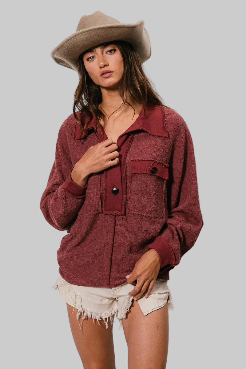 Mila Western French Terry Cut Edge Detail Collared Top
