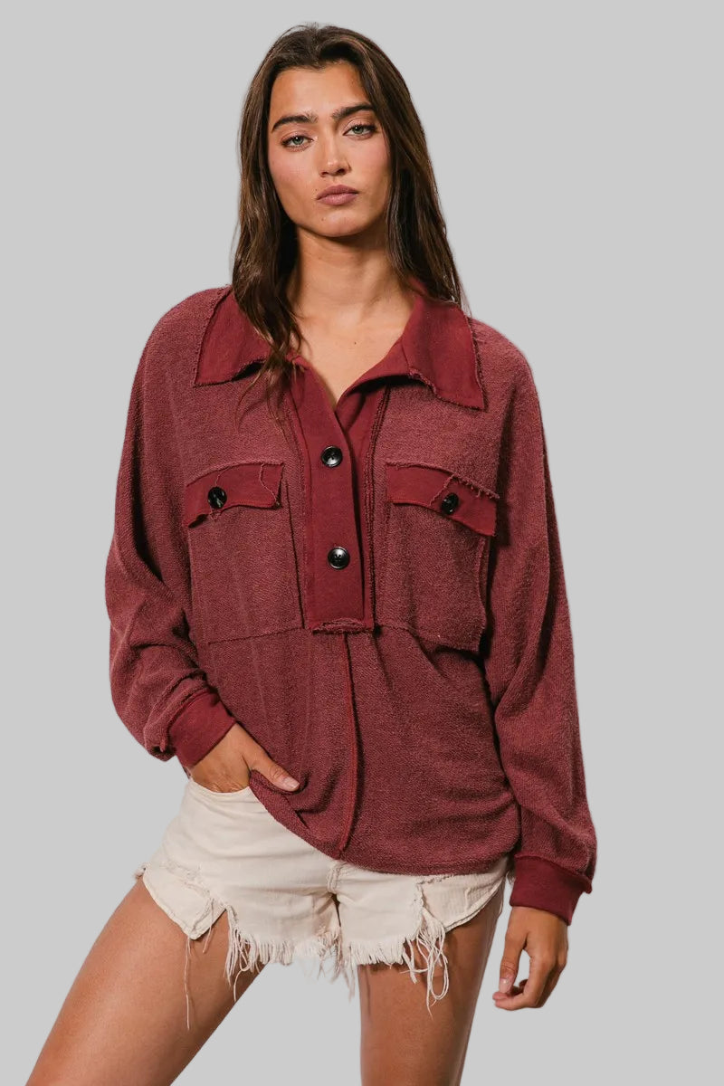 Mila Western French Terry Cut Edge Detail Collared Top