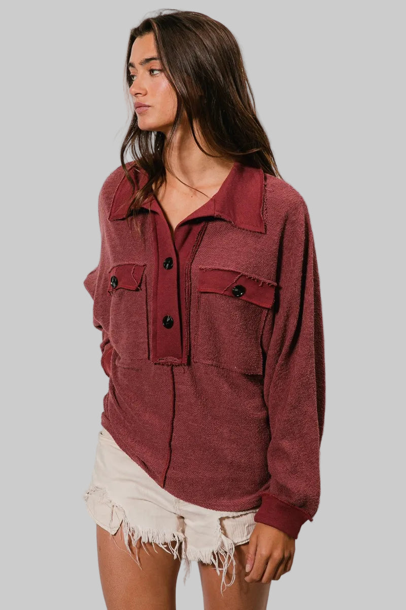 Western French Terry Cut Edge Mila Detail Collared Top