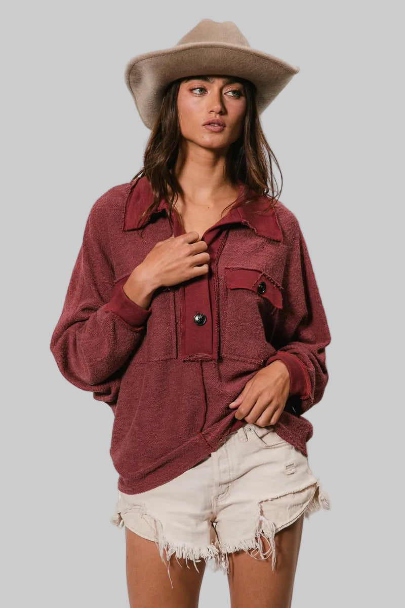 Mila Western French Terry Cut Edge Detail Collared Top