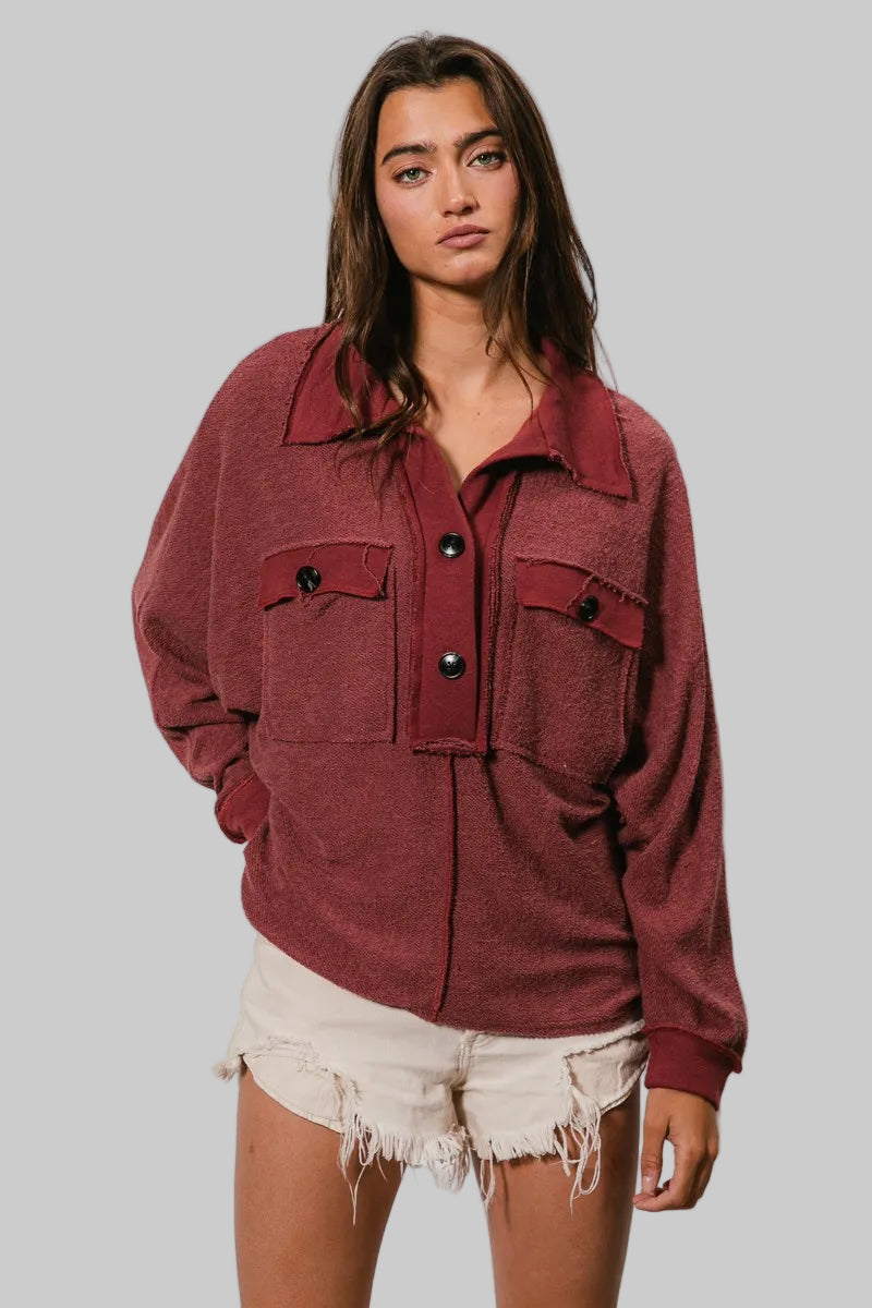 Mila Western French Terry Cut Edge Detail Collared Top