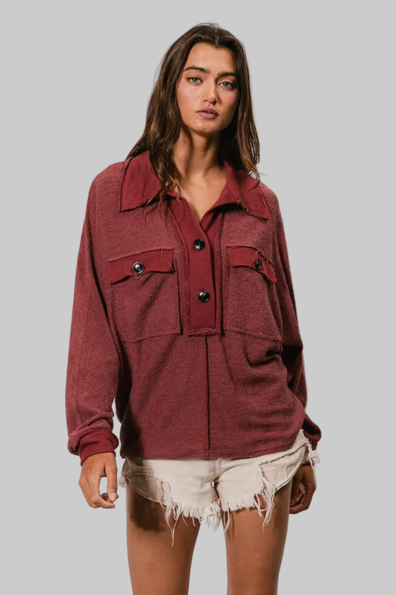 Mila Western French Terry Cut Edge Detail Collared Top