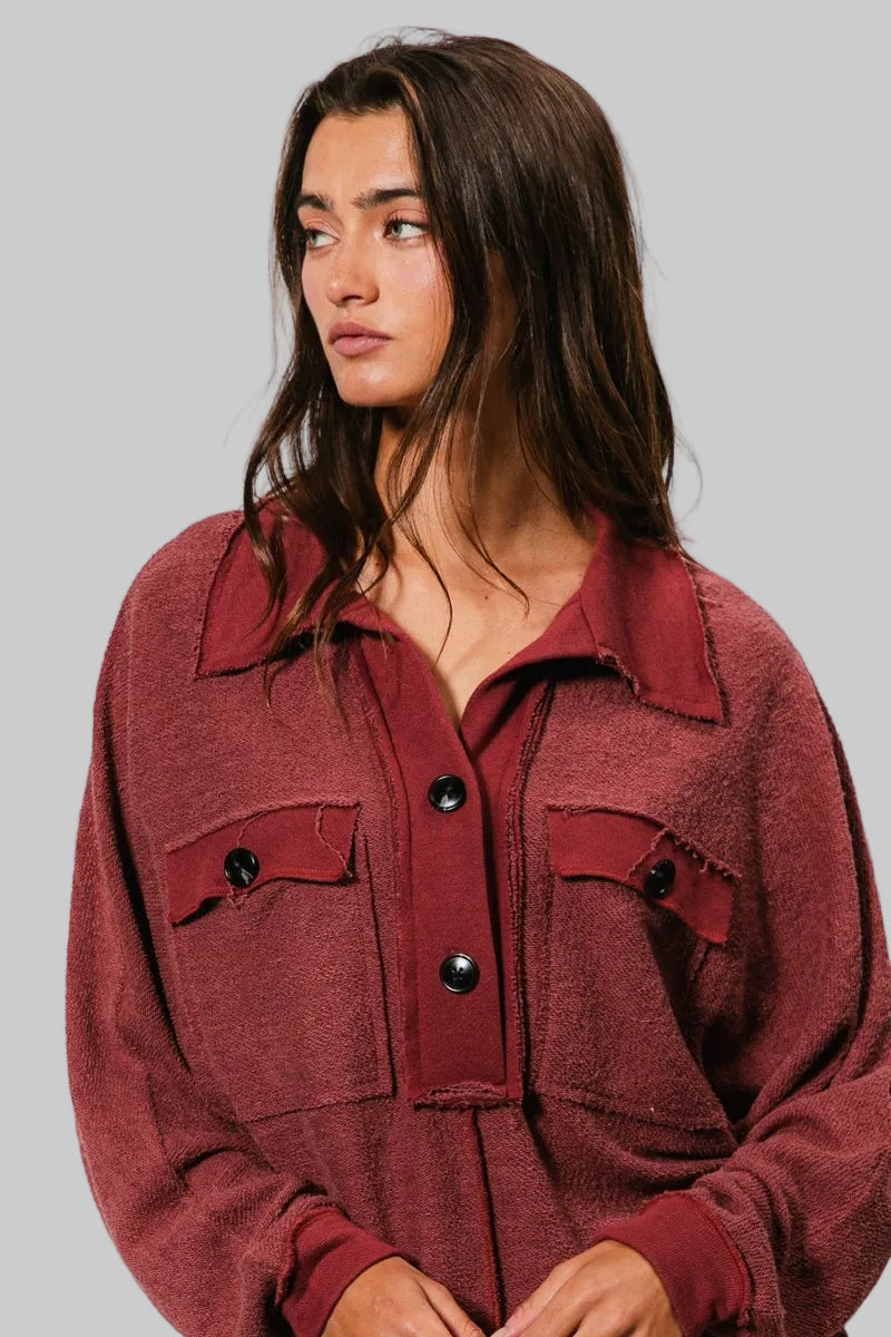 Mila Western French Terry Cut Edge Detail Collared Top