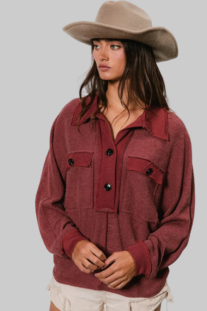 Mila Western French Terry Cut Edge Detail Collared Top