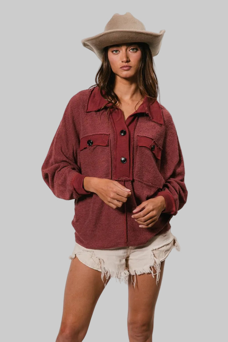 Mila Western French Terry Cut Edge Detail Collared Top