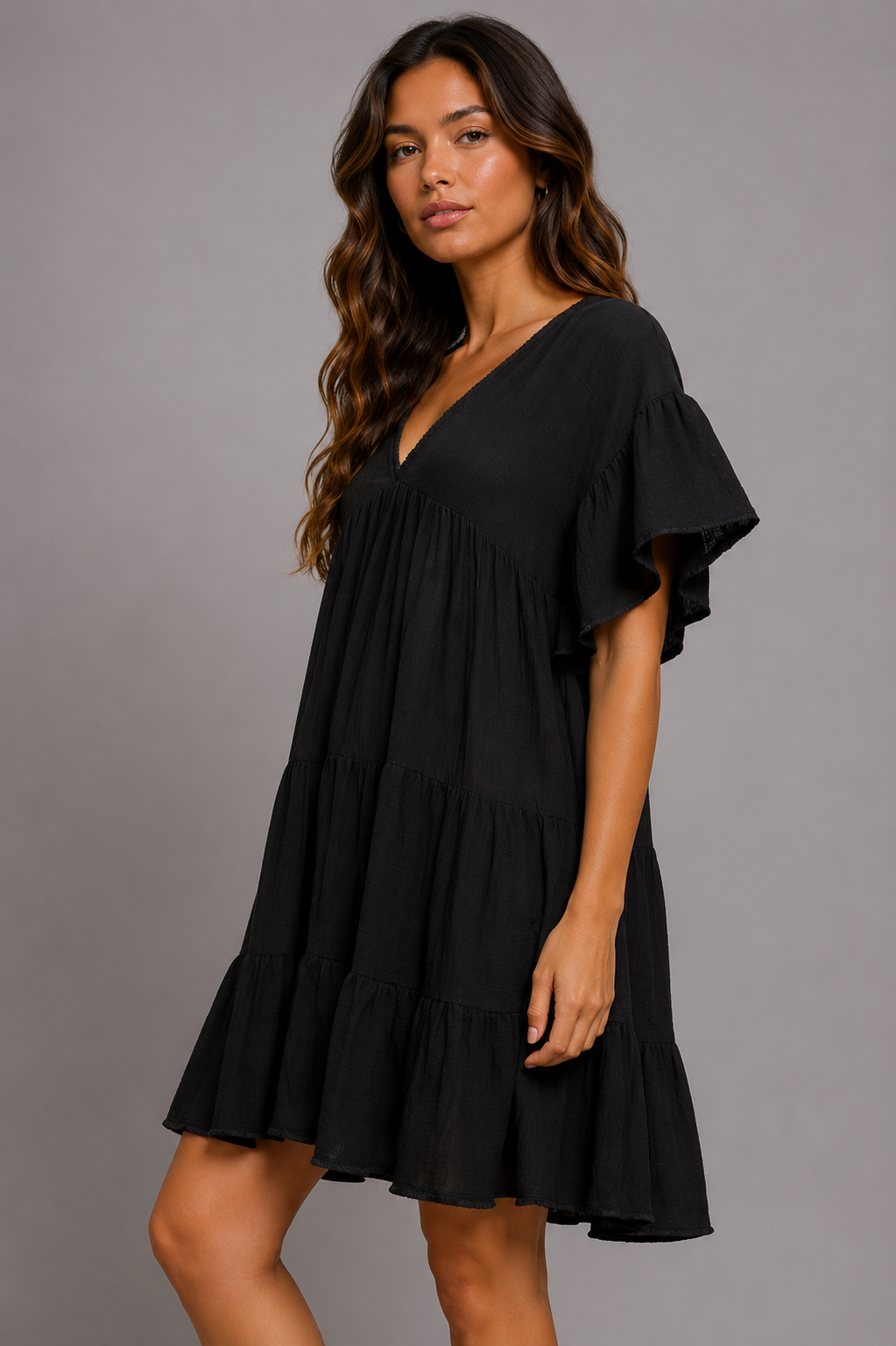 Myla Shirred Ruffle V-Neck Dress