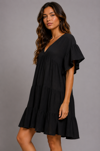 Myla Shirred Ruffle V-Neck Dress
