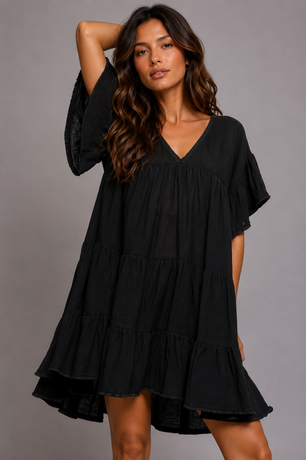 Myla Shirred Ruffle V-Neck Dress