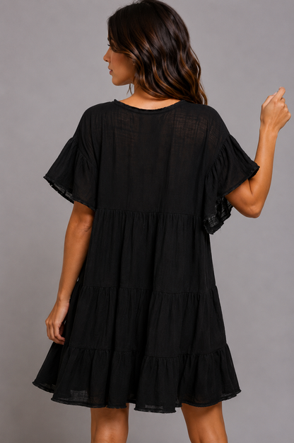 Myla Shirred Ruffle V-Neck Dress