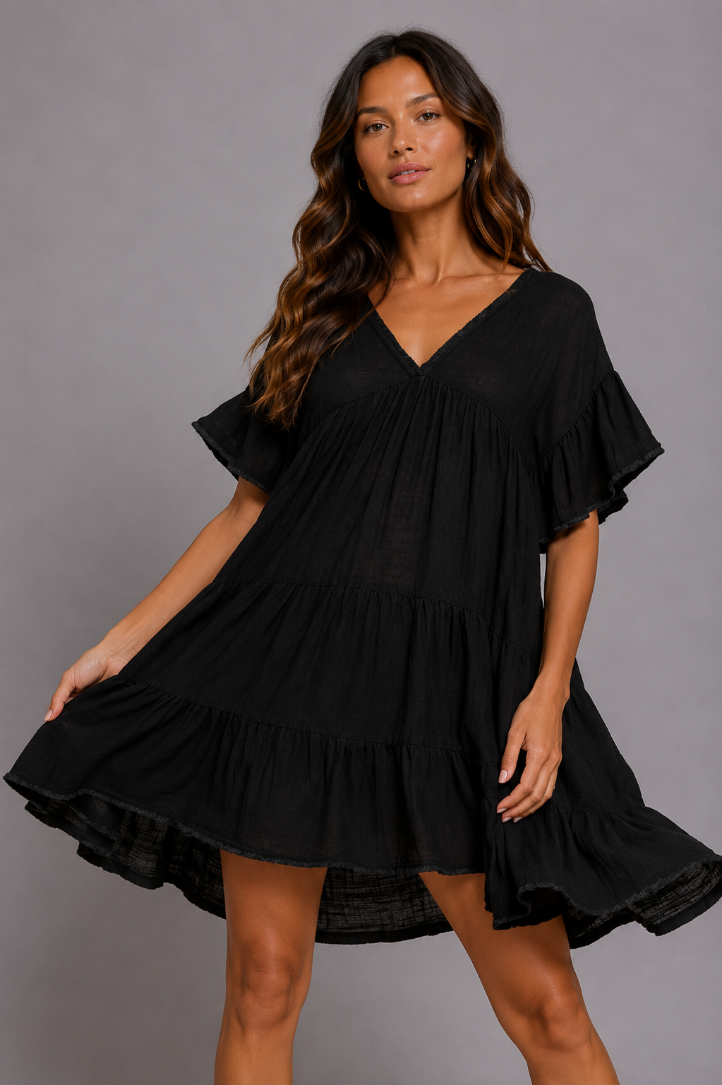 Myla Shirred Ruffle V-Neck Dress